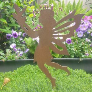 A rusted metal Fairy with Bird garden sculpture, laser-cut from 1.6mm Corten steel. The fairy is perched with a bird, designed for garden pots. Dimensions: 28cm high x 16cm wide.