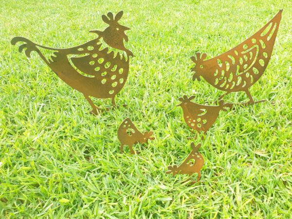 Funky Chickens Garden Stake featuring two laser-cut hens and three chicks made from Corten steel. Dimensions: Hen 28x36cm, Hen 23x35cm, Chick 12x18cm, Chicks 11x15cm. Perfect for adding whimsy to gardens.