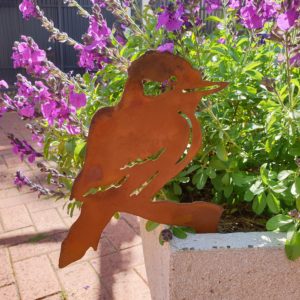 Kookaburra Pot Decoration front view - Australian-made rusted metal Kookaburra sculpture, ideal for garden beds and pots, 30cm high by 20cm wide