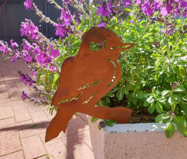 Kookaburra Pot Decoration front view - Australian-made rusted metal Kookaburra sculpture, ideal for garden beds and pots, 30cm high by 20cm wide