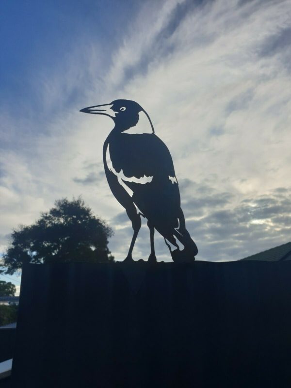 Magpie standing post topper – Australian-made rusted metal garden art crafted from Corten steel, featuring a natural rusted finish for outdoor decor.