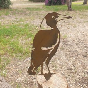 Magpie garden sculpture for flower beds, rusted metal magpie garden art, Australian-made magpie stake