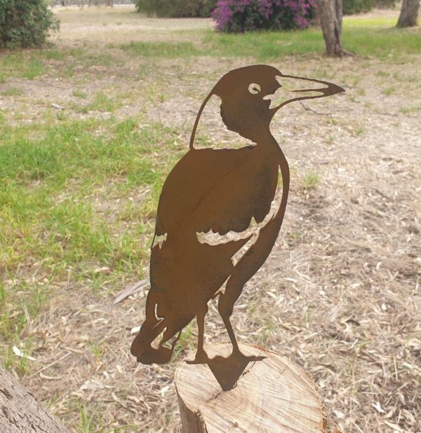 Magpie garden sculpture for flower beds, rusted metal magpie garden art, Australian-made magpie stake