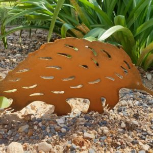 Echidna Garden Stake made from Corten steel, measuring 32 cm long and 20 cm high, showcasing intricate quill details and a rustic design.