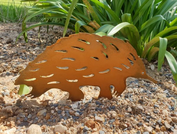 Echidna Garden Stake made from Corten steel, measuring 32 cm long and 20 cm high, showcasing intricate quill details and a rustic design.