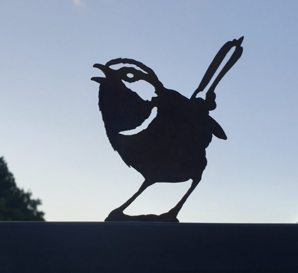 Superb Fairy Wren garden sculpture in rusted Corten steel, 14 cm tall, designed for garden posts and fences with a pre-drilled mounting hole.