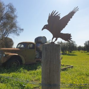 A beautifully crafted Crow Post Topper made from 1.6mm thick Corten steel, showcasing intricate laser-cut details, height 340mm, perfect for garden decoration.