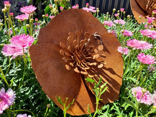 A beautiful rusted metal garden stake featuring a 24cm diameter poppy flower atop a 60cm steel stake. Ideal for adding charm to any outdoor space.