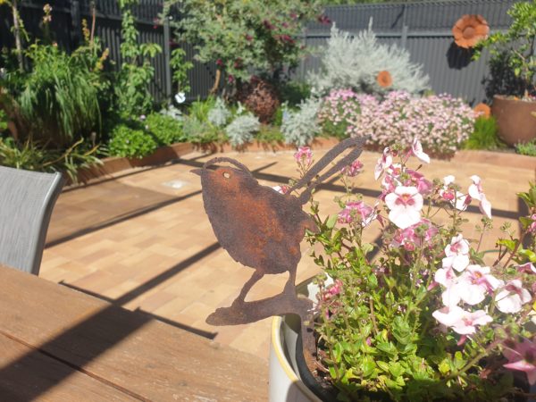 Close-up of the Wren Australian Made Rusted Metal sculpture, highlighting intricate metalwork and the naturally rusted finish.