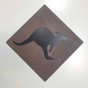 Rustic Kangaroo road sign made from 1.6mm thick Corten steel, measuring 63 cm square. This Australian-made outdoor metal art features a rusting kangaroo silhouette on a black Colorbond background.