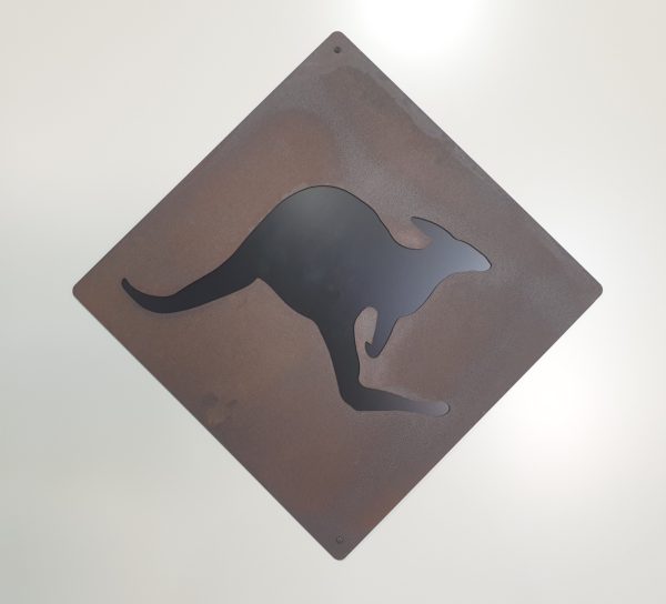 Rustic Kangaroo road sign made from 1.6mm thick Corten steel, measuring 63 cm square. This Australian-made outdoor metal art features a rusting kangaroo silhouette on a black Colorbond background.