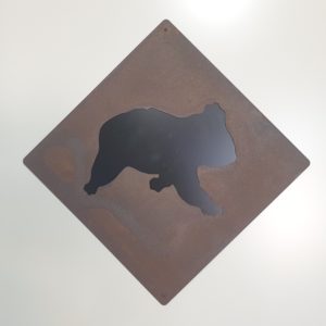 Koala road sign made from 1.6mm thick Corten steel, 63 cm square, naturally rusting for a rustic finish. Hand-crafted in Adelaide, Australia, ideal for outdoor garden decor.