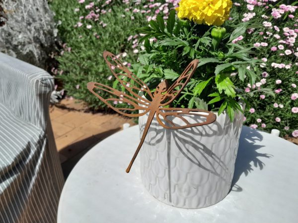 Dragonfly Pot Decoration; Corten steel dragonfly for pots and plants.